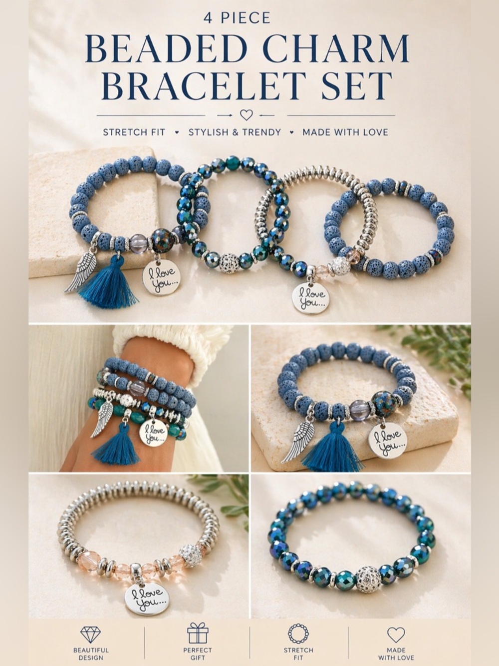 Bracelet Set with Tassel and Wing Charms - Women's Jewelry - Picture 2 of 4
